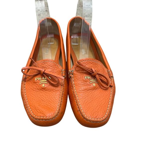Prada Leather Bow Accents Loafers Orange Size 9.5 *flaw* - Picture 1 of 11